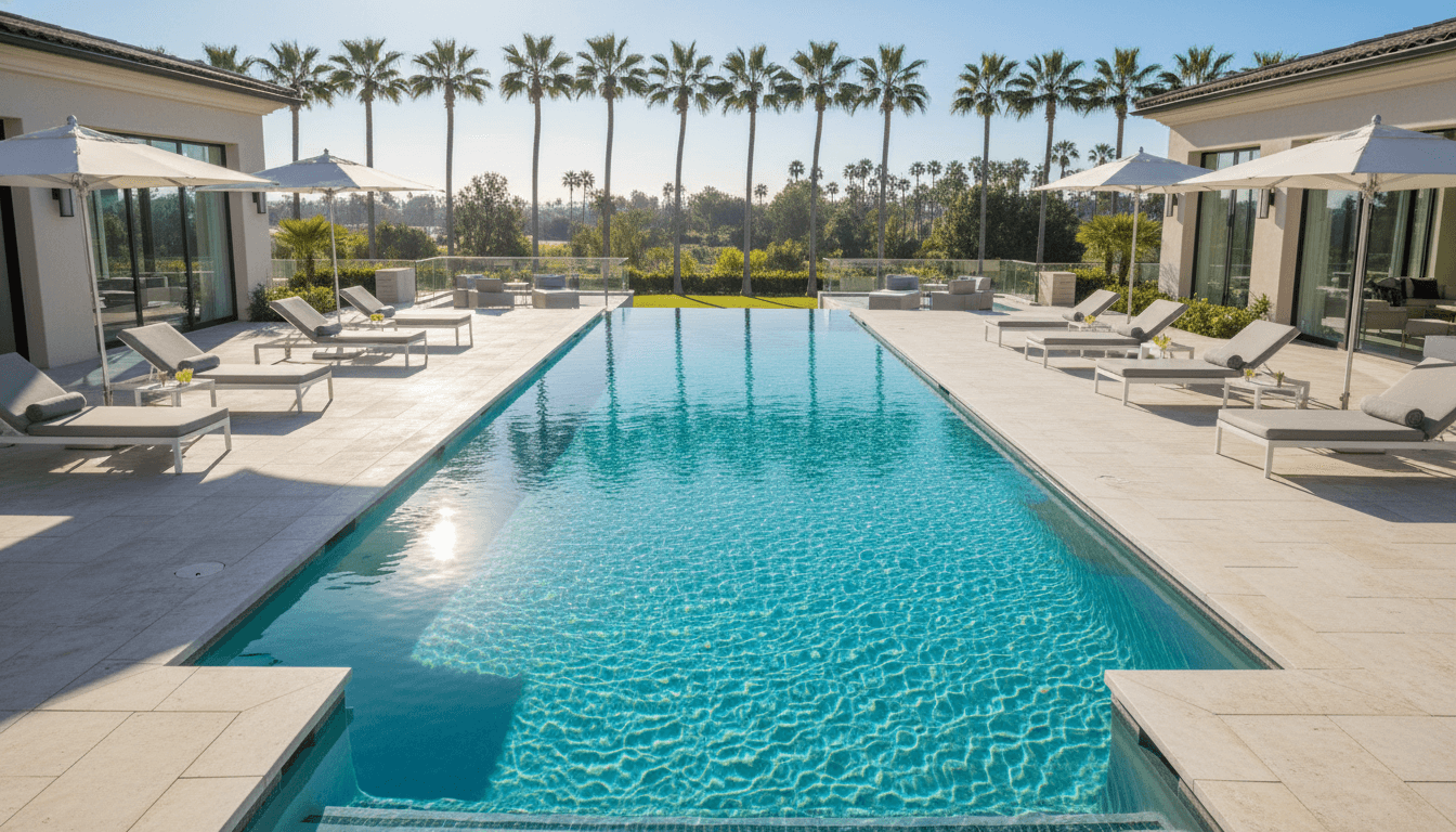 Beautiful crystal-clear swimming pool on sunny day